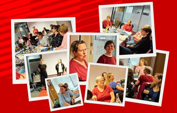 Collage aus mehreren Fotos vor rotem Hintergrund: In einem Innenraum sitzen mehrere Personen an langen Tischen mit Getränken, Gläsern und Papieren; andere stehen im Raum oder sprechen vor der Gruppe. Auf den Wänden sind Glasflächen und Schilder zu sehen, teils mit der Aufschrift „EVG“. Die Personen tragen überwiegend Alltagskleidung in Rot‑, Schwarz‑ und Grautönen. Einige Fotos zeigen Detailansichten von Personen im Gespräch oder beim Stehen vor der Gruppe.