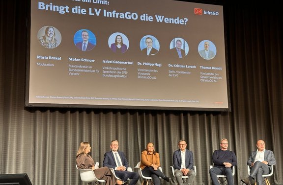 Podiumsdiskussion auf einer Bühne mit sechs sitzenden Personen. Über der Bühne zeigt eine große Projektionsleinwand den Titel „Bringt die LV InfraGO die Wende?“. Darunter sind sechs Porträtbilder mit Namen und Funktionsbezeichnungen abgebildet. Rechts oben auf der Leinwand ist das Logo „DB InfraGO“ sichtbar. Vor der Leinwand stehen sechs Stühle in einer Reihe auf der Bühne vor einem grauen Vorhang.