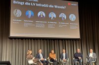 Podiumsdiskussion auf einer Bühne mit sechs sitzenden Personen. Über der Bühne zeigt eine große Projektionsleinwand den Titel „Bringt die LV InfraGO die Wende?“. Darunter sind sechs Porträtbilder mit Namen und Funktionsbezeichnungen abgebildet. Rechts oben auf der Leinwand ist das Logo „DB InfraGO“ sichtbar. Vor der Leinwand stehen sechs Stühle in einer Reihe auf der Bühne vor einem grauen Vorhang.