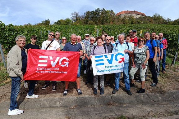 Eine Gruppe von rund 20 Personen steht vor einem Weinberg und hält zwei Fahnen der Eisenbahn- und Verkehrsgewerkschaft (EVG). Die Gruppe hat sich auf einem Weg am Rand eines Weinbergs für ein gemeinsames Foto aufgestellt. Im Vordergrund werden eine rote und eine weiße Fahne mit dem Aufdruck „EVG – Eisenbahn- und Verkehrsgewerkschaft“ gehalten. Die Personen stehen in mehreren Reihen und blicken in Richtung Kamera.