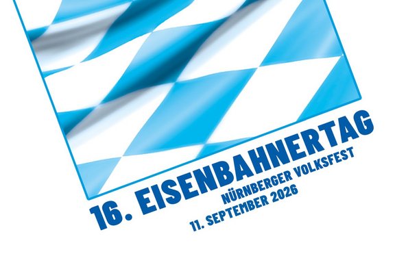 Grafisches Logo mit einem schräg dargestellten, blau umrandeten Parallelogramm. Im Inneren befinden sich mehrere weiße Rauten- und Dreiecksformen auf hell- und dunkelblauem Hintergrund mit verlaufenden Farbflächen. Darunter in großer blauer Schrift: „16. EISENBAHNERTAG“. Darunter kleiner: „NÜRNBERGER VOLKSFEST“. Darunter: „11. SEPTEMBER 2026“. Hintergrund weiß.