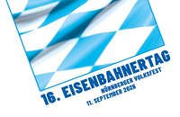 Grafisches Logo mit einem schräg dargestellten, blau umrandeten Parallelogramm. Im Inneren befinden sich mehrere weiße Rauten- und Dreiecksformen auf hell- und dunkelblauem Hintergrund mit verlaufenden Farbflächen. Darunter in großer blauer Schrift: „16. EISENBAHNERTAG“. Darunter kleiner: „NÜRNBERGER VOLKSFEST“. Darunter: „11. SEPTEMBER 2026“. Hintergrund weiß.