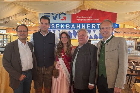 Fünf Personen stehen in einem Festzelt vor einem EVG-Banner mit der Aufschrift „Eisenbahnertag“ und posieren für ein gemeinsames Foto. Die Gruppe steht vor einem großen Banner mit den Aufschriften „EVG“, „Eisenbahn- und Verkehrsgewerkschaft“ und „Eisenbahnertag“. Eine Person in der Mitte trägt eine Krone, eine Schärpe und traditionelle Festkleidung. Daneben stehen vier weitere Personen in Kombinationen aus Sakko, Anzug oder traditioneller Tracht. Die Personen sind in einer Reihe vor dem Banner aufgestellt.