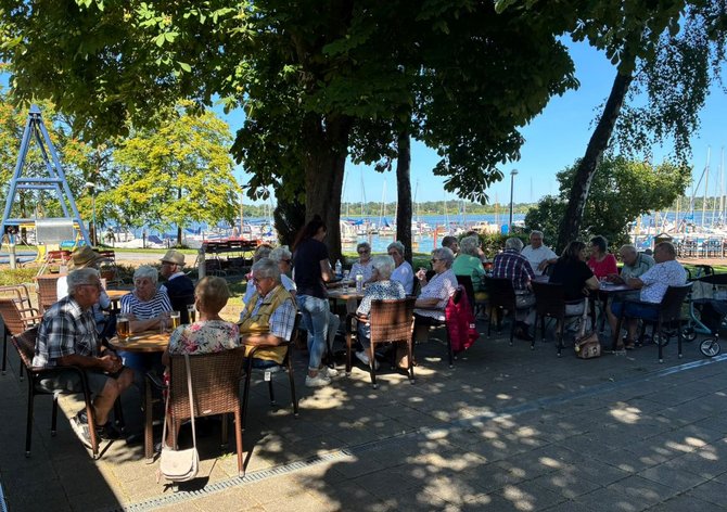 Mehrere Personen sitzen an Tischen auf einer Terrasse im Schatten großer Bäume. Auf den Tischen stehen Getränke. Im Hintergrund sind Wasser, zahlreiche Segelbootmasten und Hafenanlagen zu sehen. Sonnenlicht fällt durch die Baumkronen und erzeugt Schattenmuster auf dem Boden.