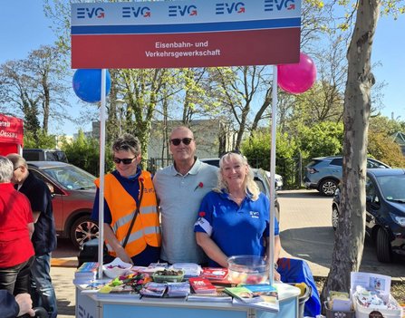 Drei Personen stehen hinter einem EVG‑Infostand mit einem Schild „EVG Eisenbahn‑ und Verkehrsgewerkschaft“. Auf dem Tisch liegen Broschüren, Flyer, Süßigkeiten und kleine Gegenstände. Links und rechts hängen bunte Luftballons. Im Hintergrund sind parkende Autos, Bäume und weitere Stände zu sehen.