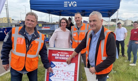 Mehrere Personen stehen im Freien vor einem blauen Faltzelt mit der weißen Aufschrift „EVG“. Einige Personen tragen orange Warnwesten mit einem roten „DB“-Logo. In der Mitte steht ein aufgestelltes Plakat mit rotem Kopfbereich und weißem Text „EVG-WAHLMODELL: WOFÜR HAST DU DICH ENTSCHIEDEN“. Darunter sind grafische Symbole und Markierungen zu sehen. Im Hintergrund befinden sich ein Industrieareal mit Containern, Gleisen und Gebäuden sowie Rasenflächen.