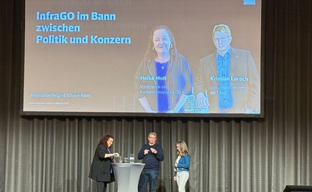 Bühne mit grauem Vorhang und großer Projektionsleinwand. Auf der Leinwand steht „InfraGO im Bann zwischen Politik und Konzern“. Daneben sind zwei Porträtfotos mit den eingeblendeten Namen „Heike Moll“ und „Kristian Loroch“. Unten auf der Bühne stehen drei Personen an einem runden Stehtisch mit Wasserflaschen und Gläsern. Weitere sichtbare Texte: „Moderation Helgard Schulze-Ritter“ sowie kleinere Zeilen mit Funktionsbezeichnungen.