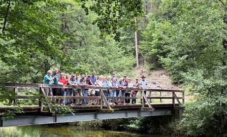 Eine Gruppe von etwa zwanzig Menschen steht dicht nebeneinander auf einer hölzernen Brücke über einem schmalen Bach in einem grünen Wald. Alle lehnen an dem Geländer und schauen in die Kamera. Umgeben ist die Szene von dichtem Laub und Bäumen.