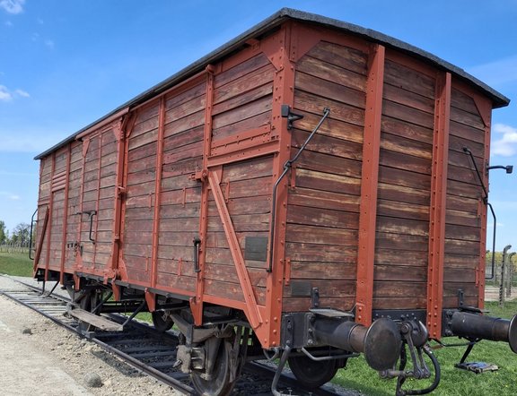 Ein hölzerner, braun‑roter Güterwagen steht auf Schienen im Freien. Der Wagen hat vertikale Metallstreben, sichtbare Holzplanken, eine seitliche Schiebetür, Trittbretter und Metallkupplungen an den Stirnseiten. Der Himmel ist blau mit wenigen Wolken, seitlich sind Grasflächen und Zaunelemente zu sehen.