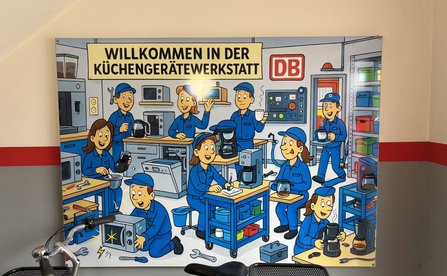 Großes Wandbild mit Comic-Zeichnungen von Personen in blauer Arbeitskleidung in einer Werkstatt für Küchengeräte. Oben steht der Text „WILLKOMMEN IN DER KÜCHENGERÄTEWERKSTATT“, daneben ist ein DB-Logo abgebildet. Im unteren Bildbereich sind Teile von Fahrrädern zu sehen.