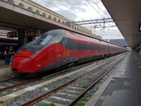 Ein roter Hochgeschwindigkeitszug mit der Aufschrift "italo" steht an einem überdachten Bahnsteig. 